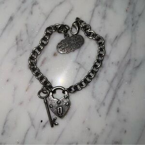 Disney Couture Silver Gunmetal Heart Lock Bracelet Key Charm Made in Wonderland